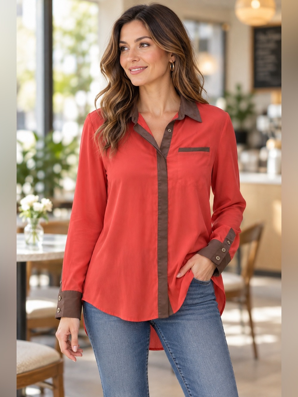 Free People XS Coral Brown Contrast Satin Button-Down Hi-Low Blouse